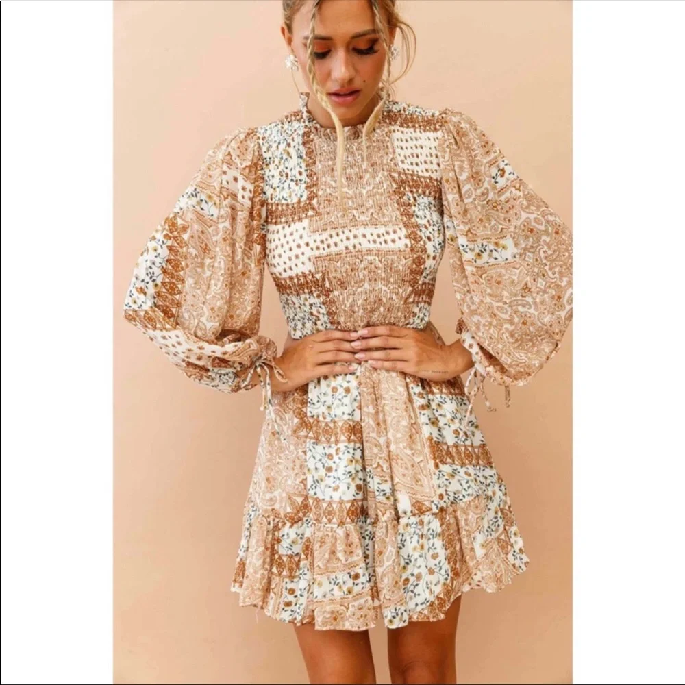 Saints + Secrets Made in Morocco  Patchwork Paisely Smocked Mini Dress S - Picture 2 of 6